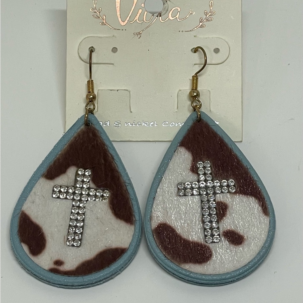 NWT Viola Cowhide Teardrop Earrings Rhinestone Cross TurquoiseBrown Western